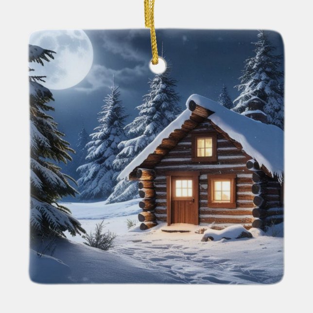 Rustic Moonlight Mysigt Winter Cabin Julgransprydnad Keramik (Framsida)