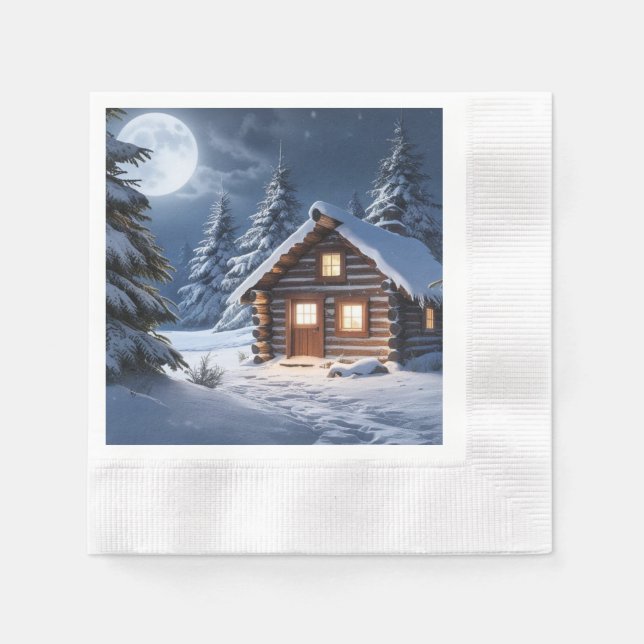 Rustic Moonlight Mysigt Winter Cabin Pappersservett (Framsidan)