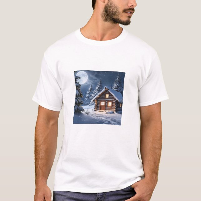 Rustic Moonlight Mysigt Winter Cabin T-Shirt (Framsida)