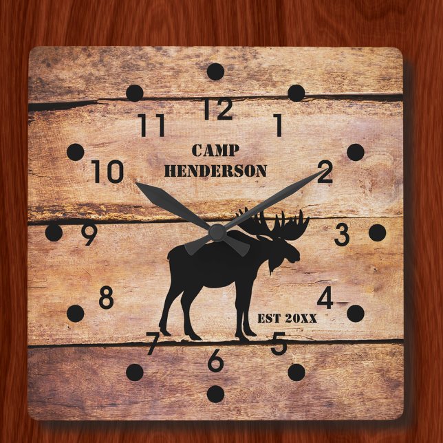Rustic Moose Camp Plank Stil akrylklock Fyrkantig Klocka (Skapare uppladdad)