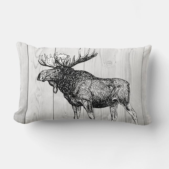Rustic Moose Sketch och Laurels Vita Träplankor Lumbarkudde (Framsida)