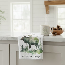 Rustic Moose "Warm Hearts & Full Mugs" custom Kökshandduk
