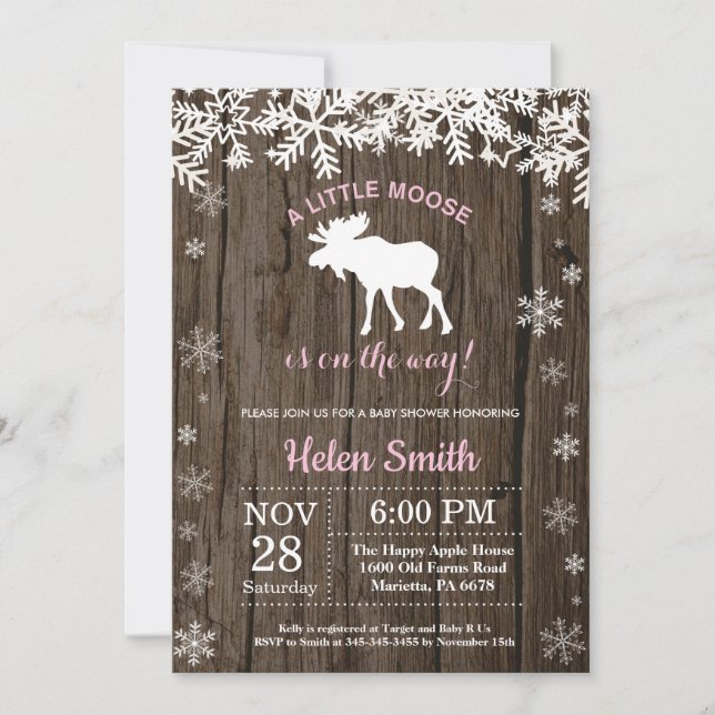 Rustic Moose Winter Snowflake Girl Shower Inbjudningar (Framsida)