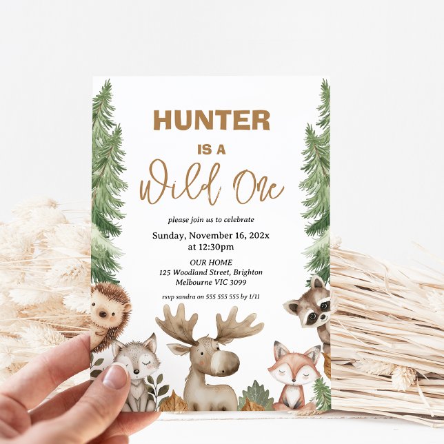 Rustic Moose Woodland Vild 1:a födelsedag Inbjudningar (Moose Woodland Wild One 1st Birthday Party Invitation, Woodland Wild One Birthday Invitation, Boy)