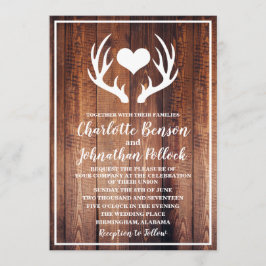 Rustic Mörk Barn Wood & White Hjort Antlers Bröllo Inbjudningar