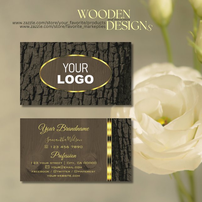 Rustic Mörk Brown Träd Bark Grain Guld Gräns Logot Visitkort (Skapare uppladdad)