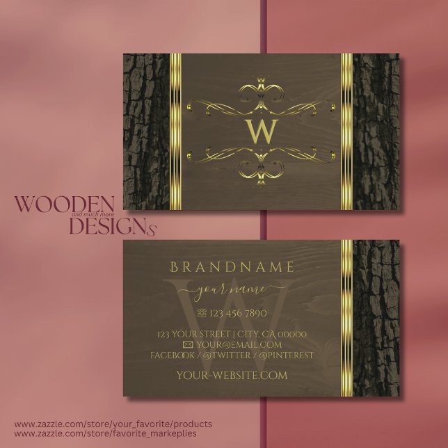 Rustic Mörk Brown Träd Bark Guld Gräns Monogram Visitkort (Skapare uppladdad)