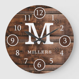 Rustic Mörk Brown Wood Family Namn Monogram Stor Klocka