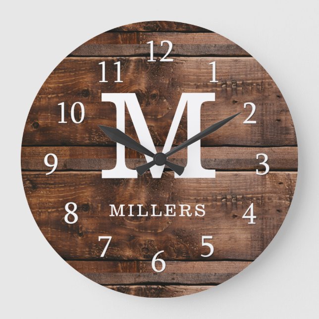 Rustic Mörk Brown Wood Family Namn Monogrammed Stor Klocka (Framsida)