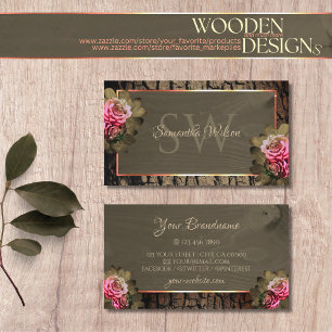 Rustic Mörk Brown Wood Grain Rosa ros Monogram Visitkort
