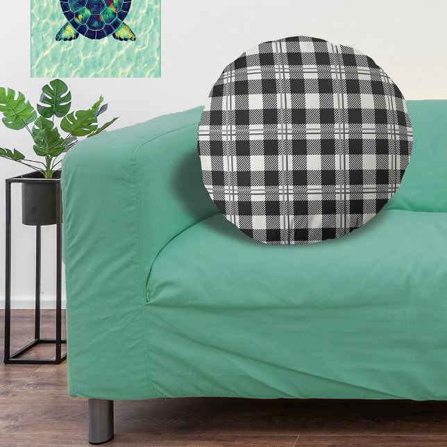 Rustic Mörk Grått Benvit Buffalo Play Rund Kudde (Buffalo Plaid Dark Gray and Buttercream Plain Round Pillow)