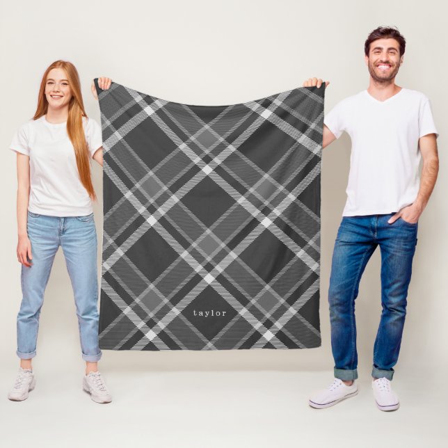 Rustic Mörk Grått Tartan Play med Namn Fleecefilt (På plats)