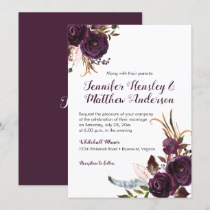 Rustic Mörk Lila Blommigt Boho Fall Wedding Inbjudningar