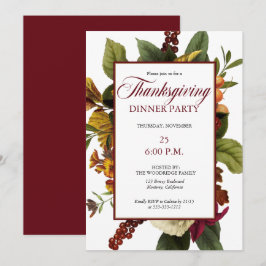 Rustic Mörk Red Blommigt Bouquet Thanksgiving Midd Inbjudningar