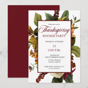 Rustic Mörk Red Blommigt Bouquet Thanksgiving Midd Inbjudningar