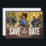 Rustic Mörk Wood 3 Photo Collage Spara Datumet<br><div class="desc">Meddela din bröllopsdag med den här roliga land tre fotokollage spara datumet.</div>