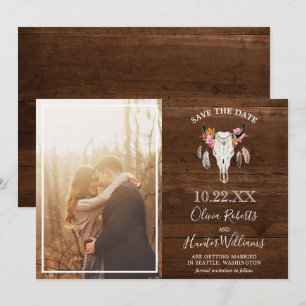 Rustic Mörk Wood Antler Photo Spara datum Inbjudningar