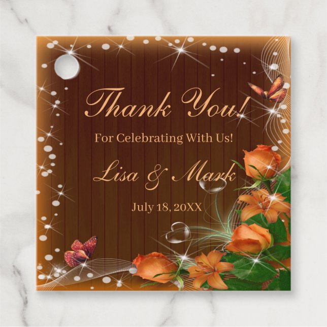 Rustic Mörk Wood Blommigt Butterfly Bröllop Gåvor Etiketter (Framsida)