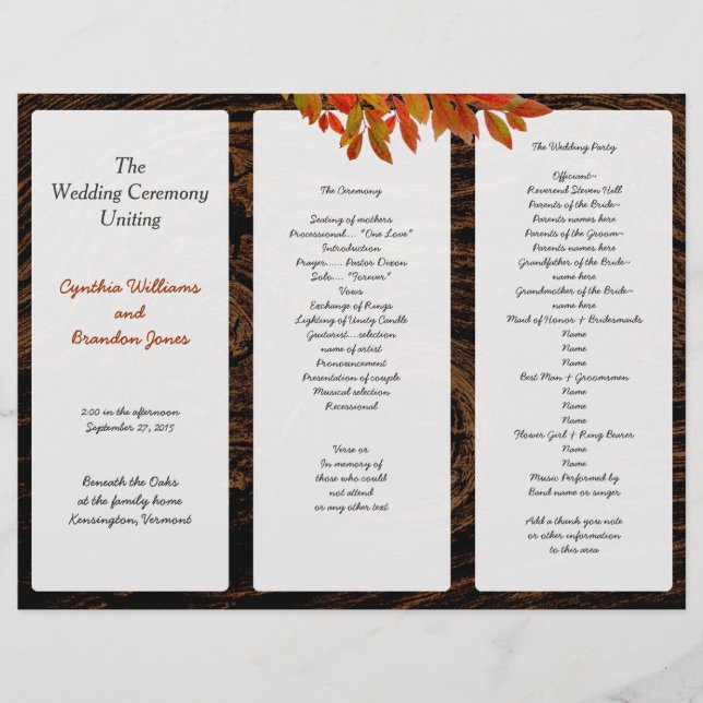 Rustic Mörk Wood Fall Wedding Tri-Fold Program (Framsida)