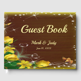 Rustic Mörk Wood Gult Blommigt Butterfly Bröllop Gästböcker