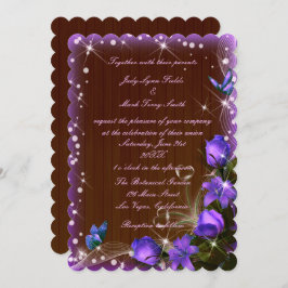 Rustic Mörk Wood Lila Blommigt Butterfly Bröllop Inbjudningar