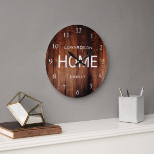 Rustic mörk wood mönster Hem-manusfamiljen namn Stor Klocka
