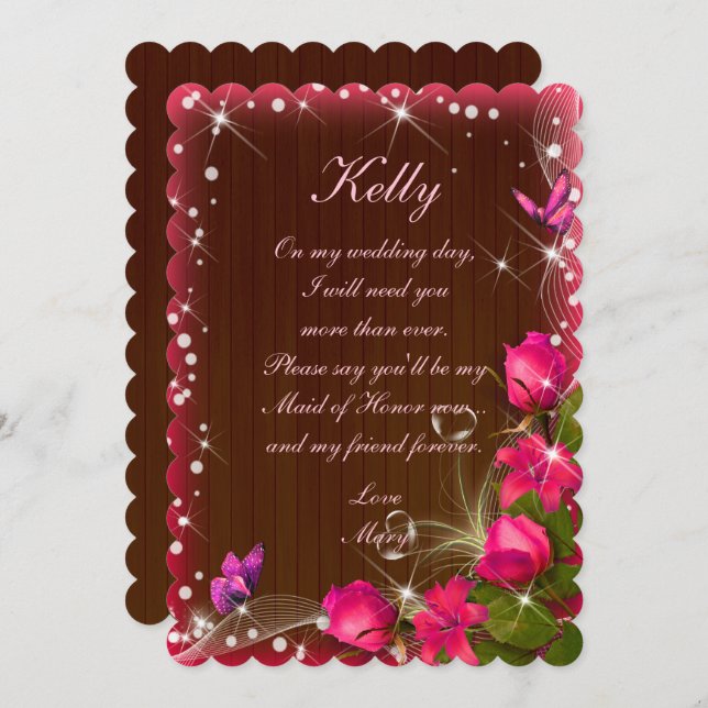 Rustic Mörk Wood Rosa Blommigt Maid of honor Inbjudningar (Fram/baksida)