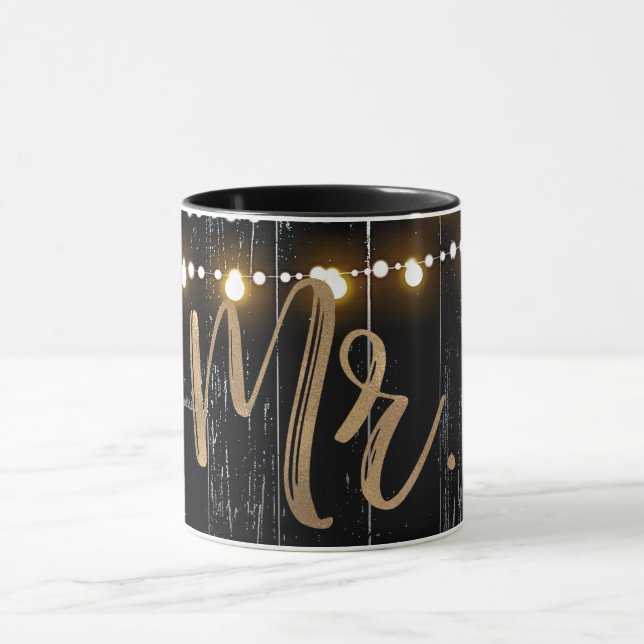 Rustic Mörk Wood & String Ljus Guld Bride MR. Mugg (Center)