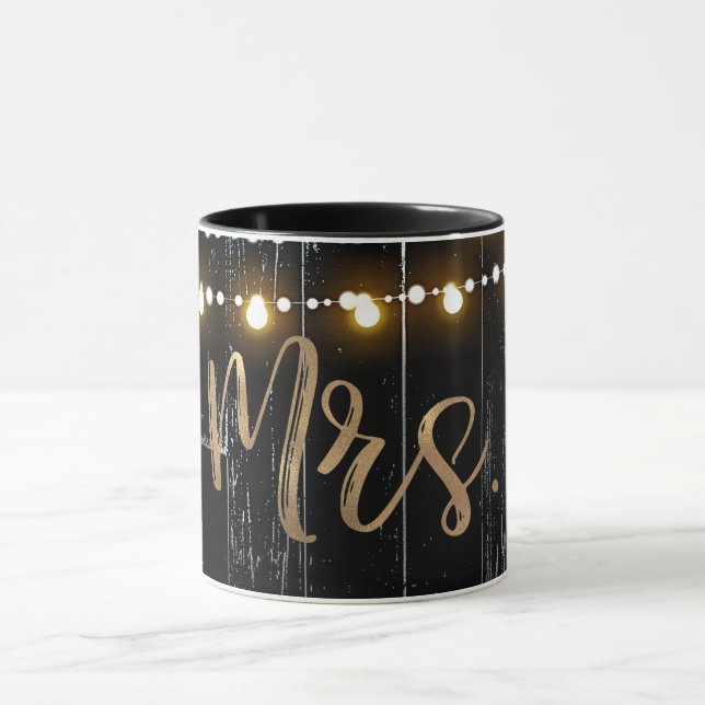 Rustic Mörk Wood & String Ljus Guld Bride MRS Mugg (Center)
