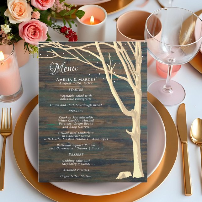 Rustic Mörk Wood Winter Träd Bröllop Menu (Skapare uppladdad)