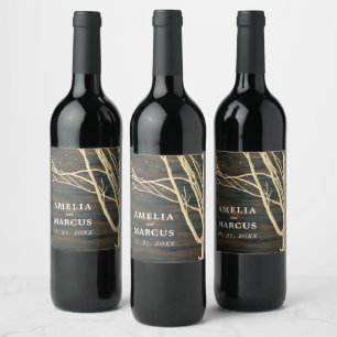 Rustic Mörk Wood Winter Träd Bröllop Vinflaska Etikett
