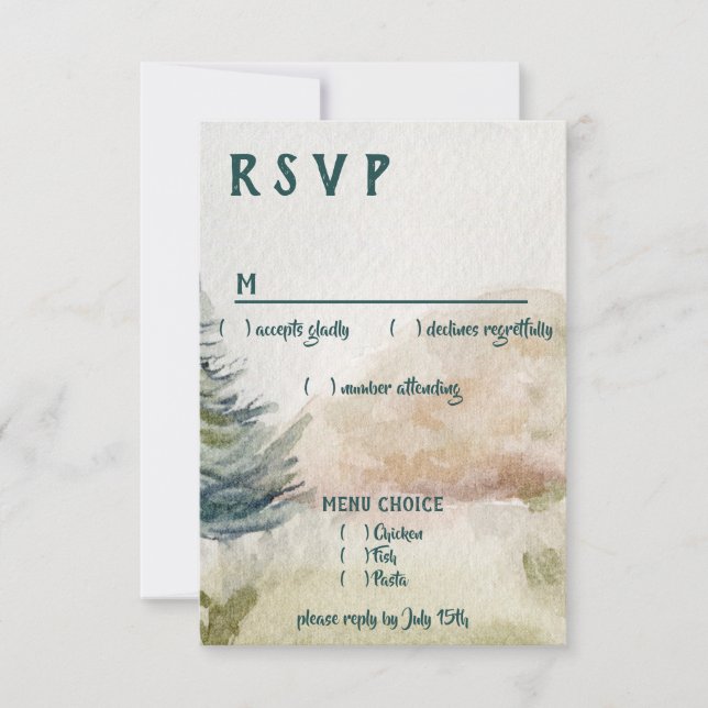 Rustic Mountain Arbor Evergreen Bröllop Menu OSA (Framsida)