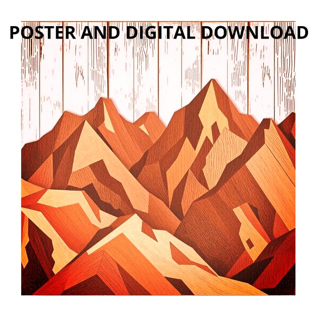 Rustic Mountain Artwork in Organic Wood Background Poster (Skapare uppladdad)