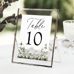 Rustic Mountain Evergreen Forest Bröllop Bordsnummer<br><div class="desc">Rustic bröllop bord-kort med svart, modern stil med "Bord" som visas i elegantens kalligrafiskript. Ett vackert landskap med vattenfärg evergreen träd och berg visas grund på kortet bord. Utformningen upprepas på baksidan. Så här beställer du korten för bord: lägg till ditt namn, datum för bröllop och bordsnummer. Lägg till varje...</div>
