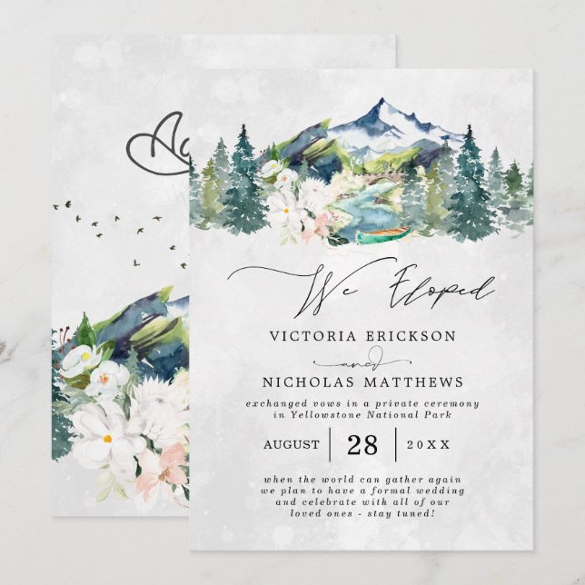Rustic Mountain Forest Evergreen Bröllop Elopement Inbjudningar (Fram/baksida)
