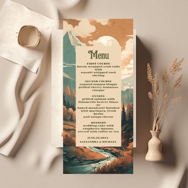 Rustic Mountain Forest Evergreen Bröllop Meny (Skapare uppladdad)