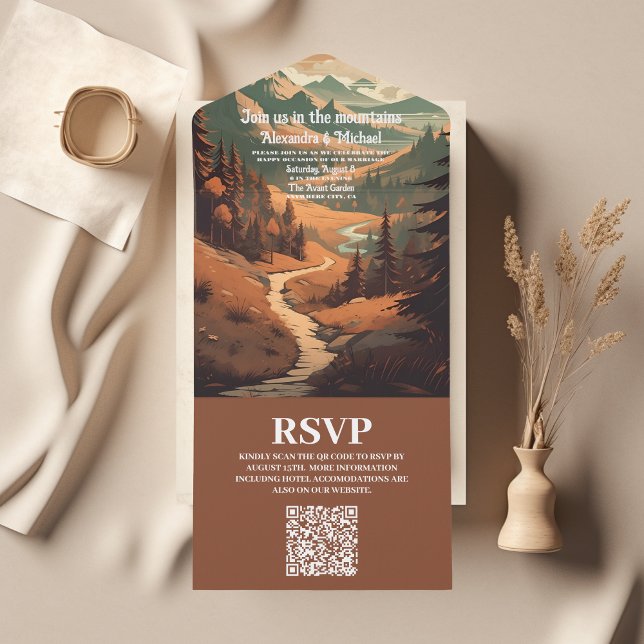 Rustic Mountain Forest Evergreen Bröllop QR-kod (Skapare uppladdad)
