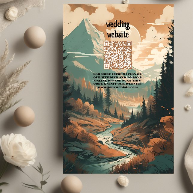 Rustic Mountain Forest Evergreen Bröllop QR-kod Tilläggskort (Skapare uppladdad)