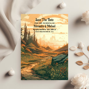 Rustic Mountain Forest Evergreen Bröllop Spara Datumet