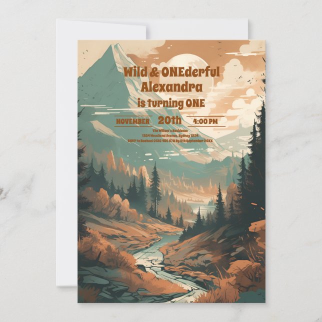 Rustic Mountain Forest Evergreen Första födelsedag Inbjudningar (Framsida)