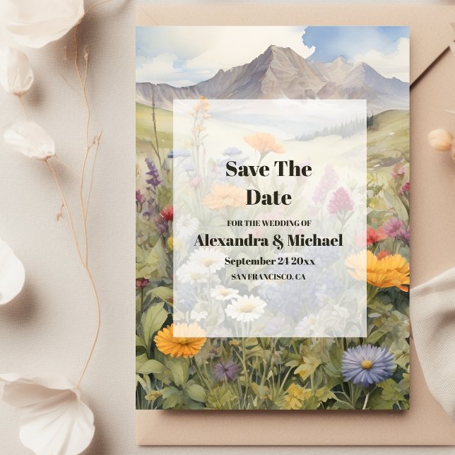 Rustic Mountain Forest Evergreen Träd Bröllop Spara Datumet (Skapare uppladdad)