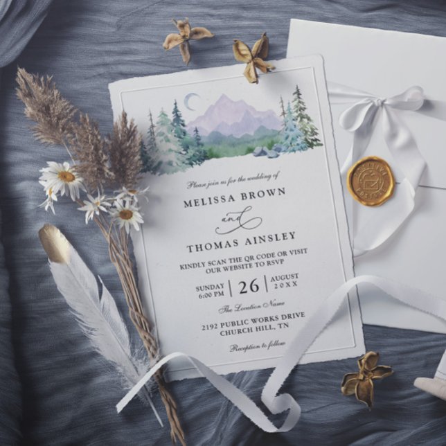 Rustic Mountain Forest Landscape QR Code Wedding Inbjudningar (Skapare uppladdad)
