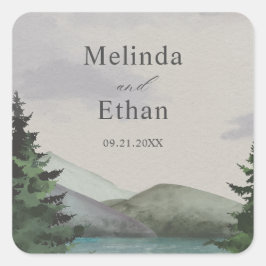 Rustic Mountain & Lake Evergreen Wedding Fyrkantigt Klistermärke