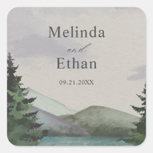 Rustic Mountain & Lake Evergreen Wedding Fyrkantigt Klistermärke