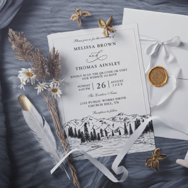 Rustic Mountain Lake Forest Budget QR Code Wedding Inbjudningar (Skapare uppladdad)