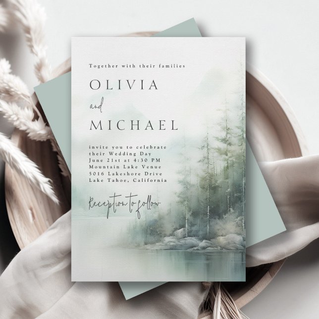 Rustic Mountain Lake Misty Pines Modern Wedding Inbjudningar (Available in both printed and instant download digital formats.)