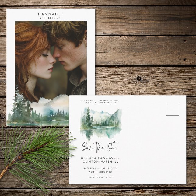 Rustic Mountain Lake Scene Photo Save the Date Vykort (Rustic Mountain Lake Scene Photo Save the Date Postcard)
