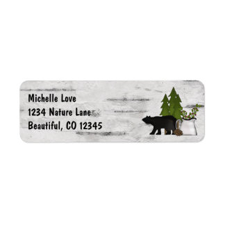 Rustic Mountain Land Bear on Birch Adress Returadress Etikett