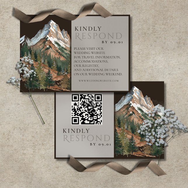Rustic Mountain Landscape Watercolor Wedding QR  OSA Kort (Rustic Mountain Landscape Watercolor Wedding QR RSVP Card)
