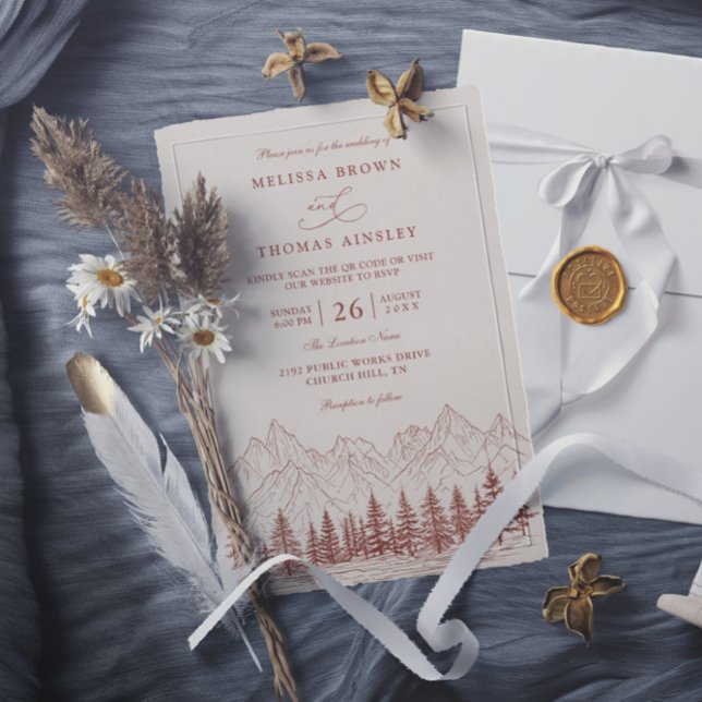 Rustic Mountain Pine Terracotta QR Code Wedding Inbjudningar (Skapare uppladdad)